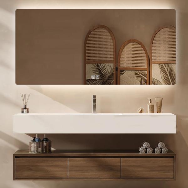 Muxing Integriertes Waschbecken aus Sinterstein-Keramik, Wandwaschbecken mit Hahnloch, Badezimmerschrank mit Schublade und LED-Spiegel 120*55cm 【YBTC383-120】