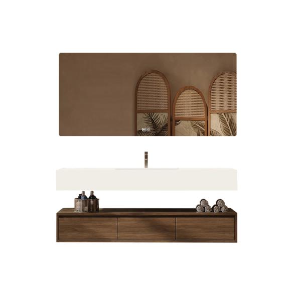 Muxing Integriertes Waschbecken aus Sinterstein-Keramik, Wandwaschbecken mit Hahnloch, Badezimmerschrank mit Schublade und LED-Spiegel 120*55cm 【YBTC383-120】