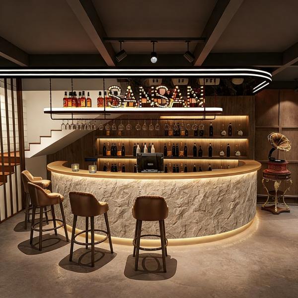 MuXing Runde Bartheke mit Kunststeinfront in Natursteinoptik – Empfangstheke mit LED für Café, Bar, Hotel, Restaurant,Grau