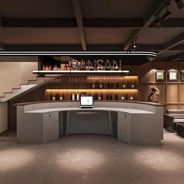 MuXing Runde Bartheke mit Kunststeinfront in Natursteinoptik – Empfangstheke mit LED für Café, Bar, Hotel, Restaurant,Grau