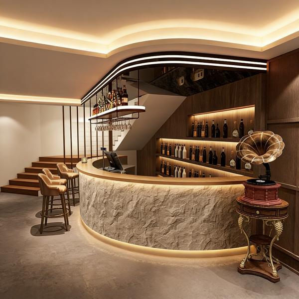 MuXing Runde Bartheke mit Kunststeinfront in Natursteinoptik – Empfangstheke mit LED für Café, Bar, Hotel, Restaurant,Grau