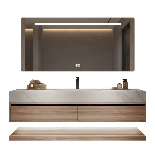 Muxing Waschbecken weiß Arbeitsplatte Holzmaserung Unterschrank Set mit Spiegel【RW3256】