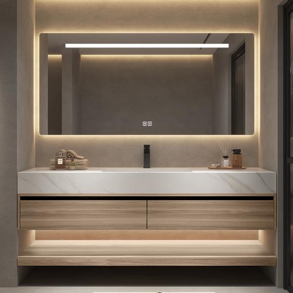 Muxing Waschbecken weiß Arbeitsplatte Holzmaserung Unterschrank Set mit Spiegel【3256】