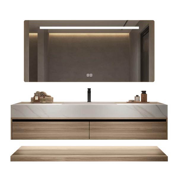 Muxing Waschbecken weiß Arbeitsplatte Holzmaserung Unterschrank Set mit Spiegel【3256】