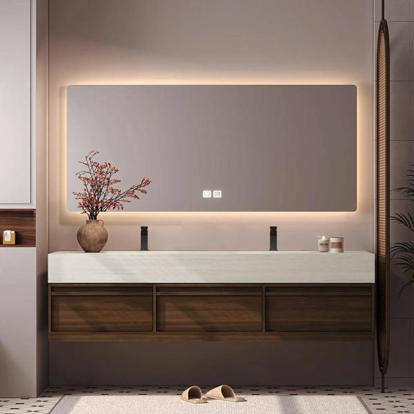 Muxing Waschbecken aus Keramik Waschbecken Doppelspüle Spüle mit zwei Becken Waschtisch-Set mit LED-Spiegel und Schränk【RW3318】