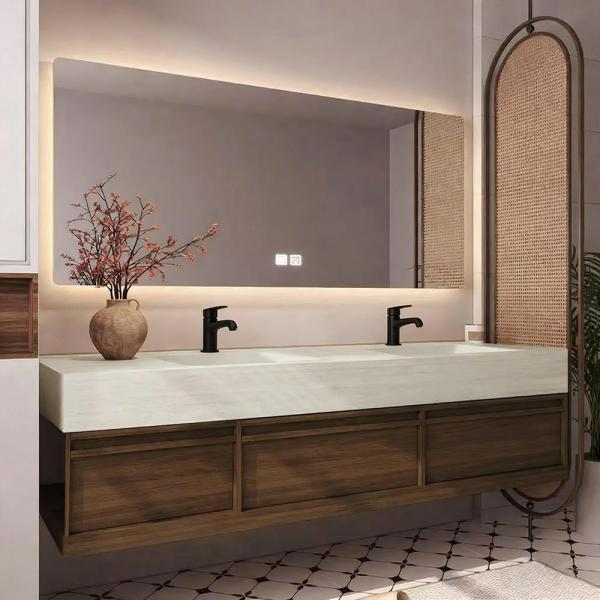 Muxing Waschbecken aus Keramik Waschbecken Doppelspüle Spüle mit zwei Becken Waschtisch-Set mit LED-Spiegel und Schränk【RW3318】