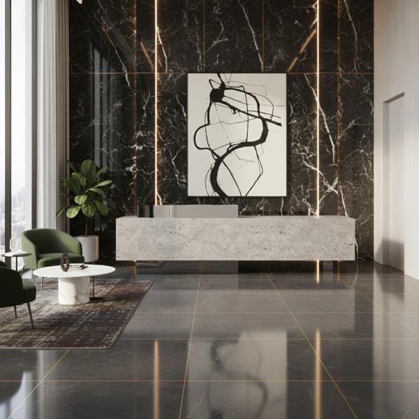 Muxing Theke, kommerzieller Empfangstresen, Metallstruktur, graue Steinoptik-Oberfläche, geeignet für Café, Geschäft, Empfang