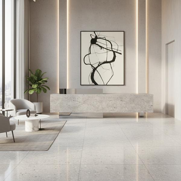 Muxing Theke, kommerzieller Empfangstresen, Metallstruktur, graue Steinoptik-Oberfläche, geeignet für Café, Geschäft, Empfang