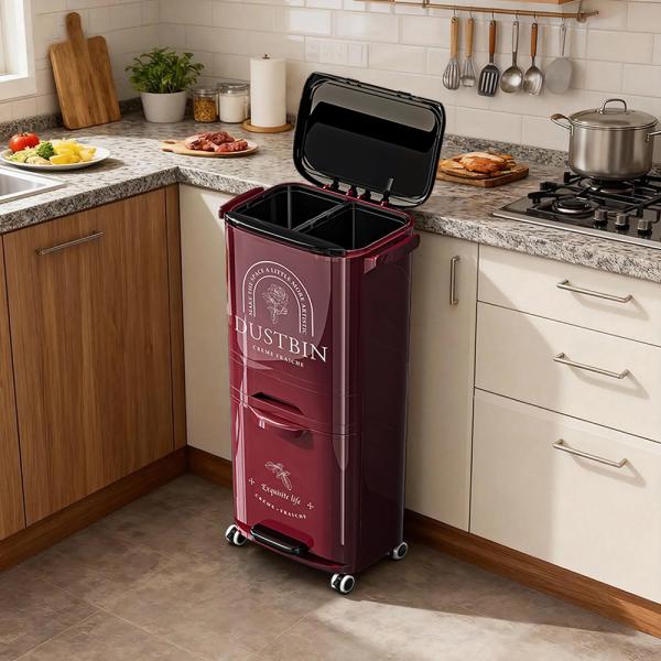 MuXing Mobiler Mülleimer mit 3 Ebenen, Großer Haushaltsmülleimer, Abfalltrennung, Hoher Kunststoffabfalleimer 43 × 29.5 × 82.5 cm