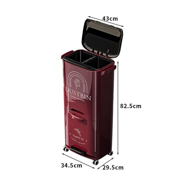 MuXing Mobiler Mülleimer mit 3 Ebenen, Großer Haushaltsmülleimer, Abfalltrennung, Hoher Kunststoffabfalleimer 43 × 29.5 × 82.5 cm