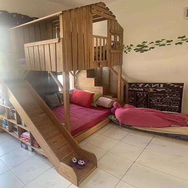 Muxing Hausbett Hochbett Spielbett Etagenbett Kinderbett 1500x2000mm Rutschen+Stufen mit Stauraum Birkenholz farbe