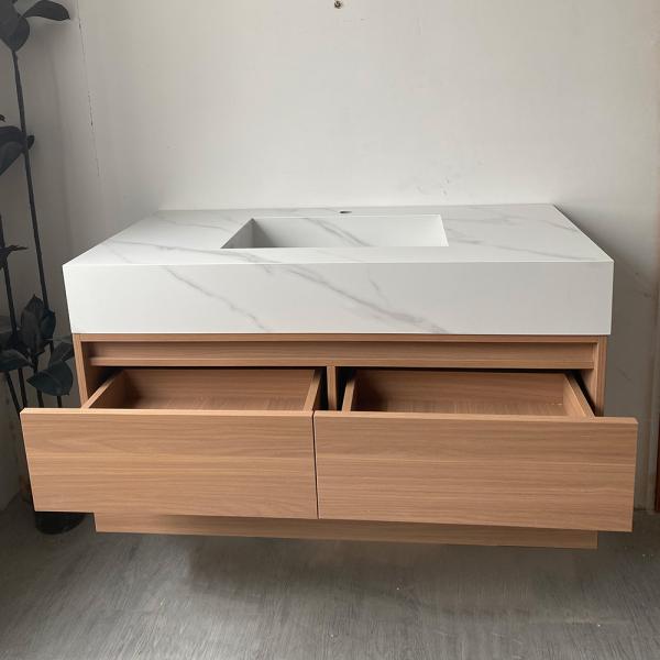 Muxing Waschbecken weiß Arbeitsplatte Holzmaserung Unterschrank Set mit Spiegel【3256】