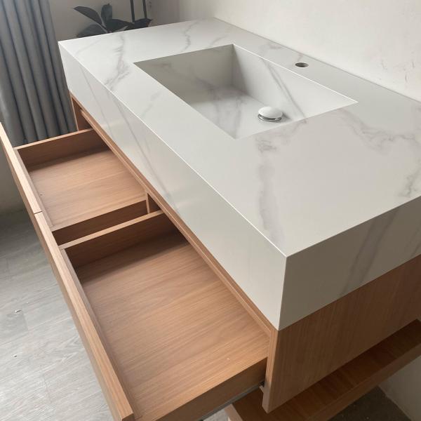 Muxing Waschbecken weiß Arbeitsplatte Holzmaserung Unterschrank Set mit Spiegel【3256】