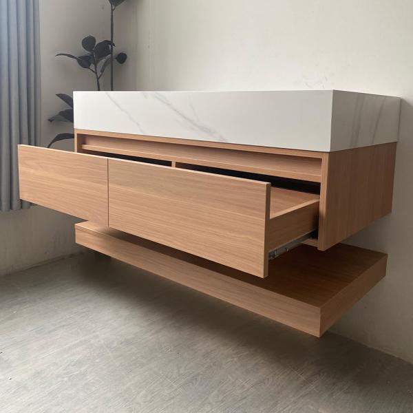 Muxing Waschbecken weiß Arbeitsplatte Holzmaserung Unterschrank Set mit Spiegel【3256】