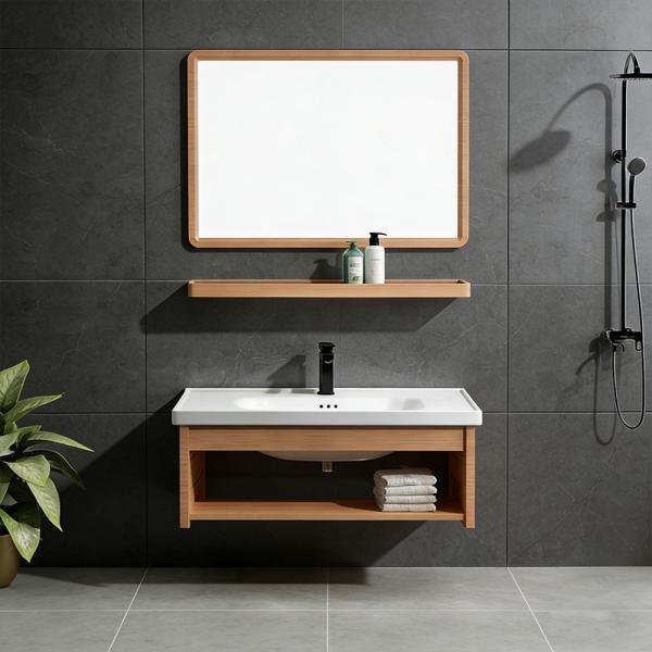 Muxing Waschbecken mit offener Ablagefläche, Keramikbecken mit mittigem rechteckigem Spiegel, 80x44 cm【TC-042】