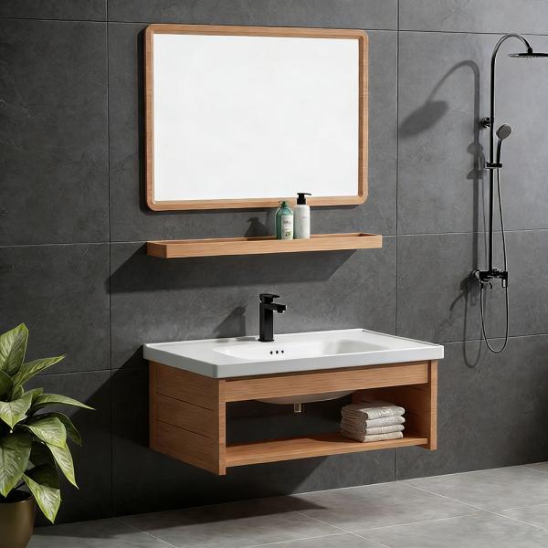 Muxing Waschbecken mit offener Ablagefläche, Keramikbecken mit mittigem rechteckigem Spiegel, 80x44 cm【TC-042】