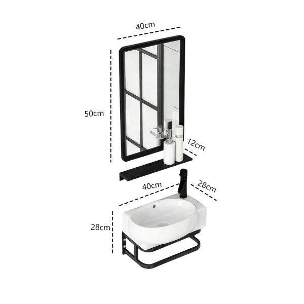Muxing Waschtisch mit offenem Ablagefach, Keramik Waschbecken und Rechteck Spiegel 40x28 cm 【 TC-736】