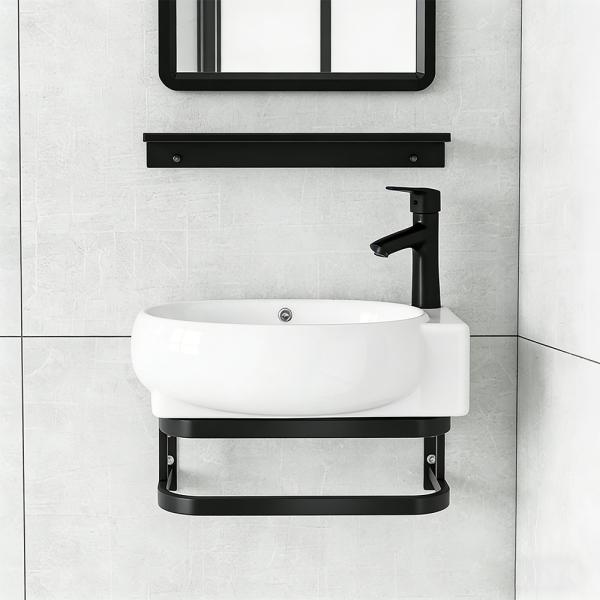 Muxing Waschtisch mit offenem Ablagefach, Keramik Waschbecken und Rechteck Spiegel 40x28 cm 【 TC-736】