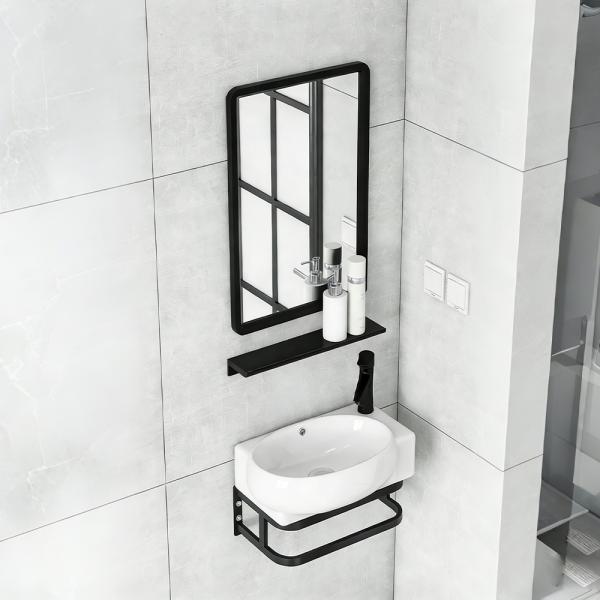 Muxing Waschtisch mit offenem Ablagefach, Keramik Waschbecken und Rechteck Spiegel 40x28 cm 【 TC-736】