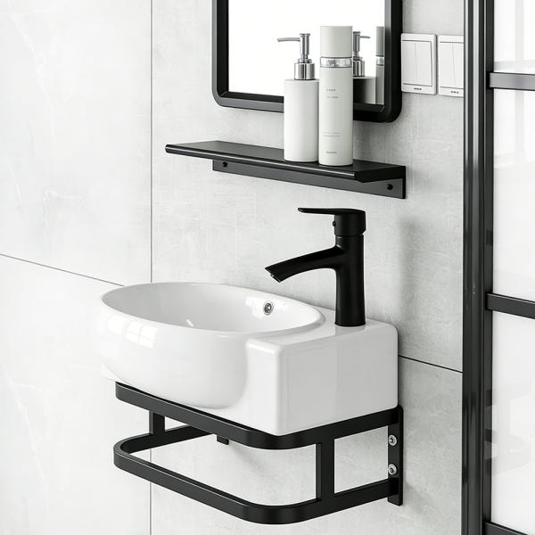 Muxing Waschtisch mit offenem Ablagefach, Keramik Waschbecken und Rechteck Spiegel 40x28 cm 【 TC-736】