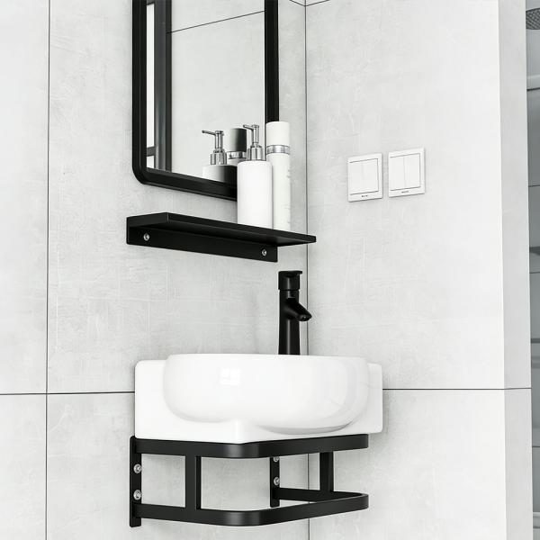 Muxing Waschtisch mit offenem Ablagefach, Keramik Waschbecken und Rechteck Spiegel 40x28 cm 【 TC-736】