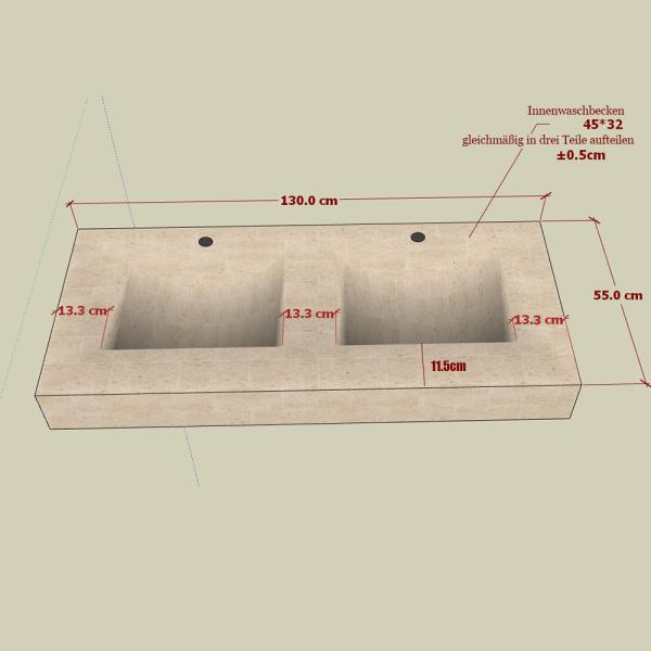Muxing Waschbecken Doppelspüle Keramik Set mit LED-Spiegel, Waschbecken mit Hahnloch, Waschtisch mit Schubladenschrank und Antibeschlag 130cm