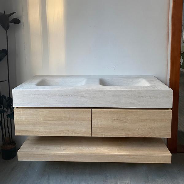 Muxing Waschbecken Doppelspüle Spüle mit zwei Becken Waschbecken Set Spüle ohne Armaturenloch Keramik mit  LED-Spiegel Ablageplatte Schrank