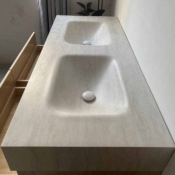 Muxing Waschbecken Doppelspüle Spüle mit zwei Becken Waschbecken Set Spüle ohne Armaturenloch Keramik mit  LED-Spiegel Ablageplatte Schrank