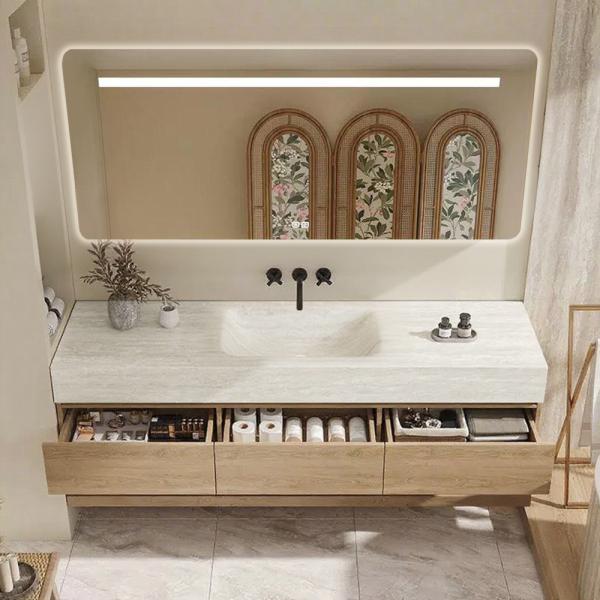 Muxing Wandhängendes Badmöbel Set – Keramik-Waschbecken, LED-Spiegel, Schublade & Ablage, Abfluss inklusive 120 x 55 cm 【RW9865-120 Bkk】