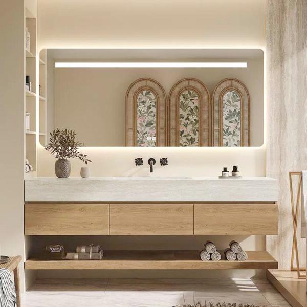 Muxing Wandhängendes Badmöbel Set – Keramik-Waschbecken, LED-Spiegel, Schublade & Ablage, Abfluss inklusive 120 x 55 cm 【RW9865-120 Bkk】