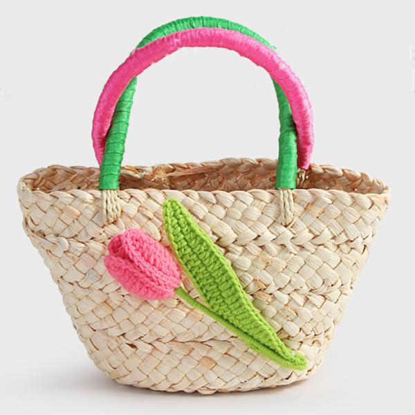 Großhandel B2B Kindertasche Korb Handtasche aus gewebtem stroh Blume