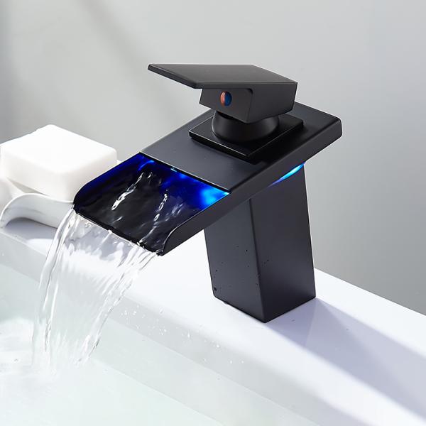Muxing LED Spültischarmatur Wasserhahn Wasserfall Armatur  Badarmatur EinhandmischerWaschtischarmatur Waschbecken Mischbatterie Schwarz 【LT-006】