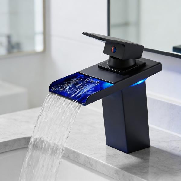 Muxing LED Spültischarmatur Wasserhahn Wasserfall Armatur  Badarmatur EinhandmischerWaschtischarmatur Waschbecken Mischbatterie Schwarz 【LT-006】