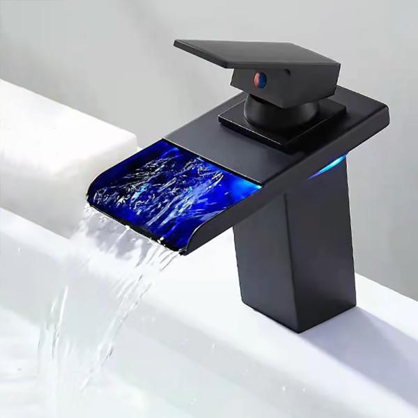 Muxing LED Spültischarmatur Wasserhahn Wasserfall Armatur  Badarmatur EinhandmischerWaschtischarmatur Waschbecken Mischbatterie Schwarz 【LT-006】