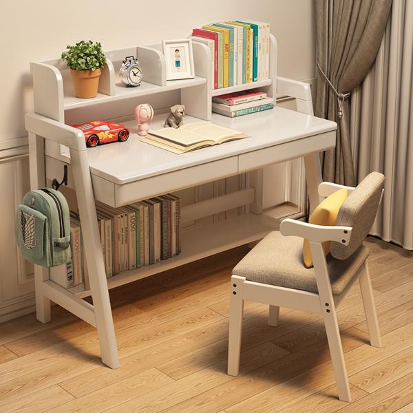 Muxing Massivholz-Schreibtisch Computertisch Schreibtisch mit Regal  Lerntisch Schreibtisch mit Stauraum Weiß 120x60x75cm