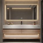 Muxing Waschbecken weiß Arbeitsplatte Holzmaserung Unterschrank Set mit Spiegel